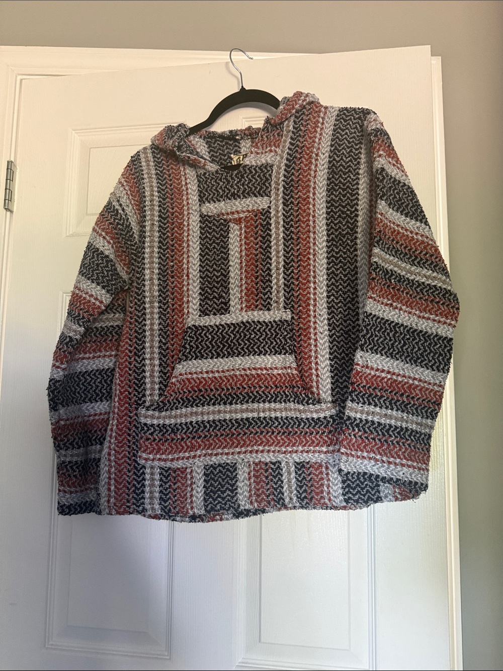 Striped Hooded Baja Poncho Sweater in Black, Gray & Rust